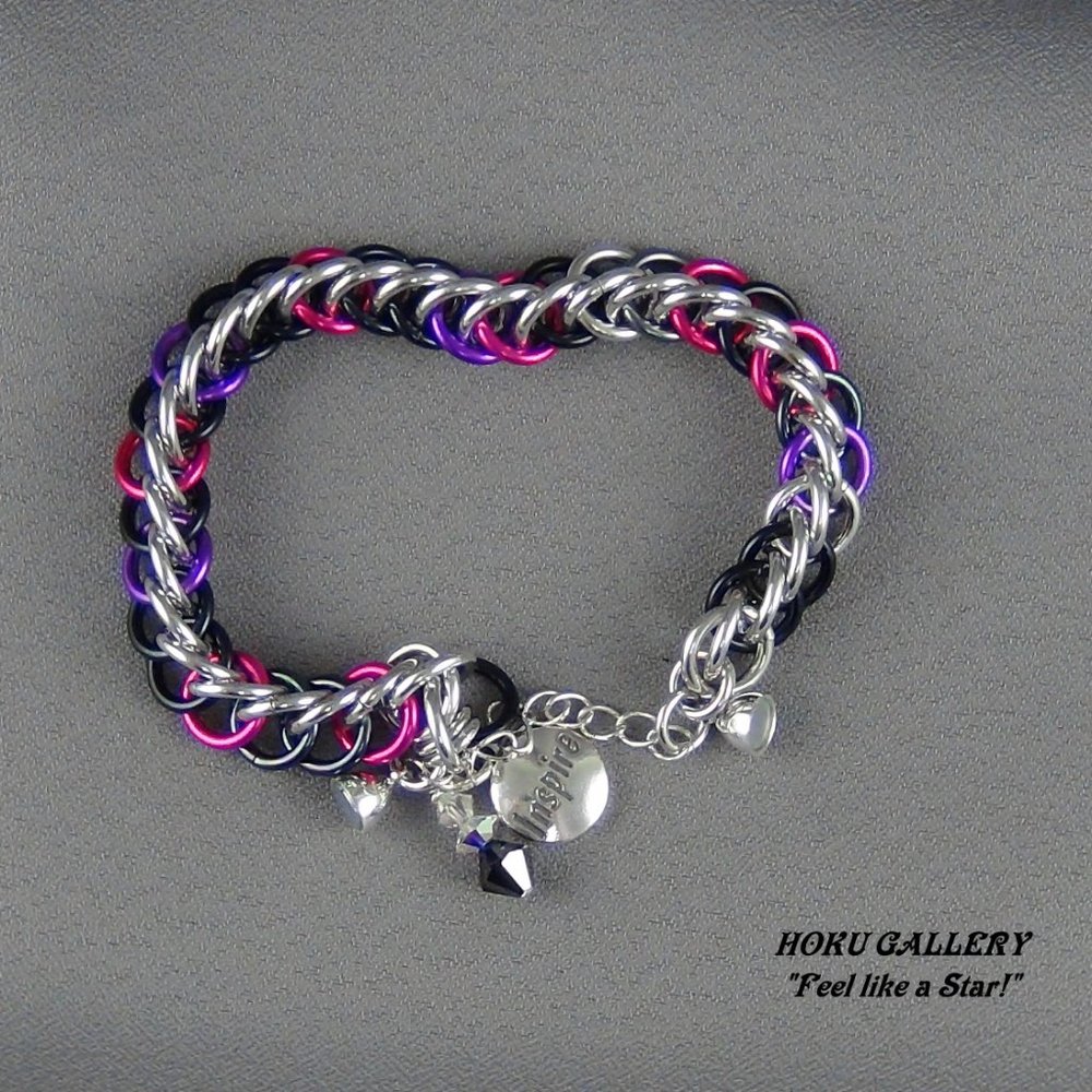 NWOT Bracelet of Silver Black Pink Purple Aluminum Rings SS Clasp Handmade 7.25"